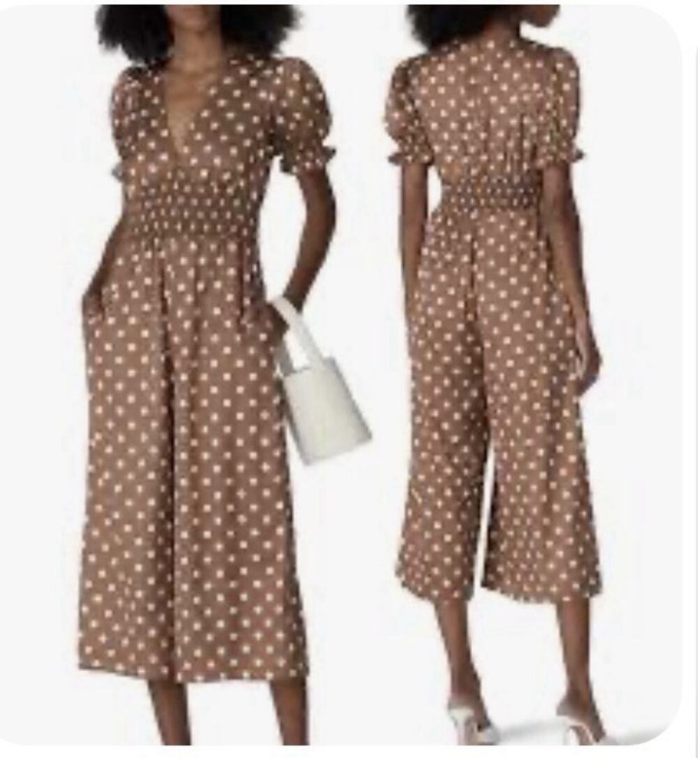 SLATE & WILLOW Brown/White Sketched Dot Short Sleeve Jumpsuit Size 12 Beach Chic